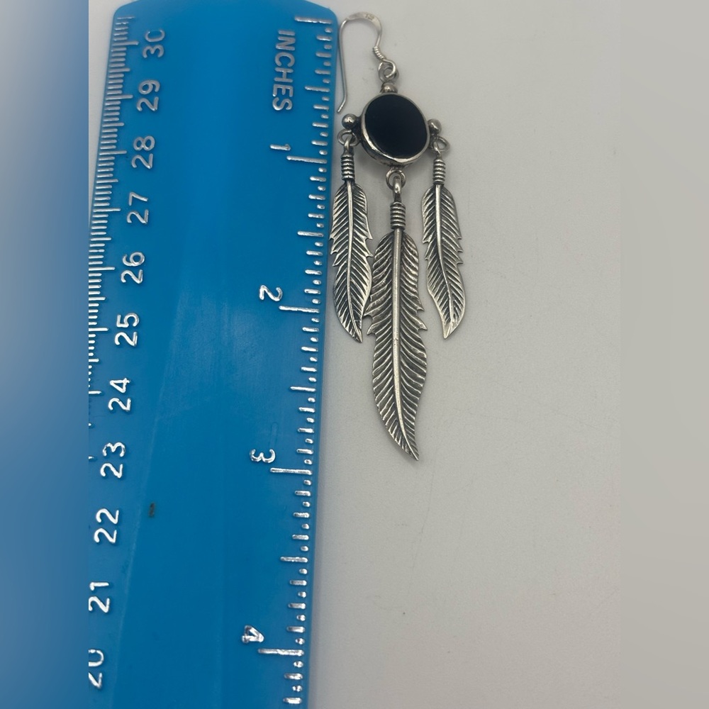 Vintage Black Agate 925 Feather Dangling Earrings - Picture 6 of 8